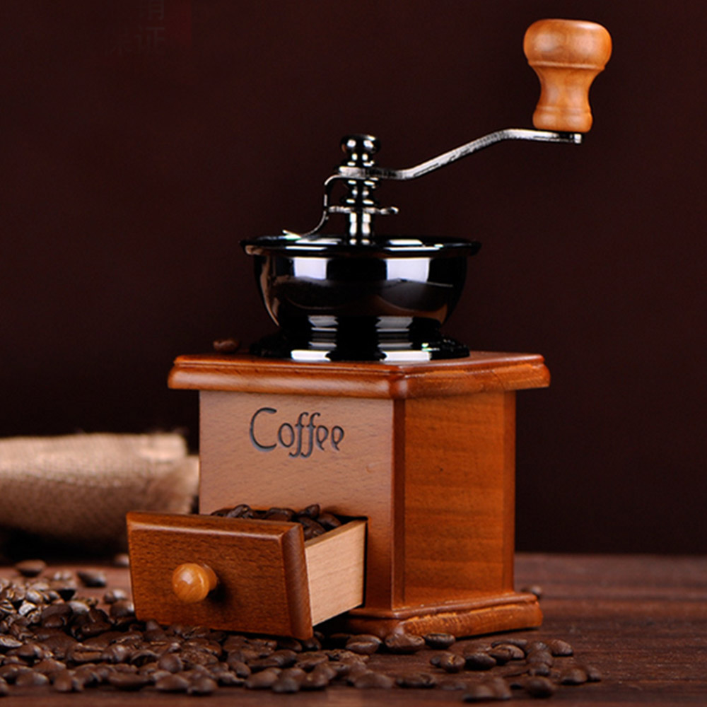 Behokic 뜨거운 판매 cafetera 커피 밀 나무와 금속 디자인 레트로 미니 수동 coffe 그라인더 핸드 수제 콩 원뿔 버